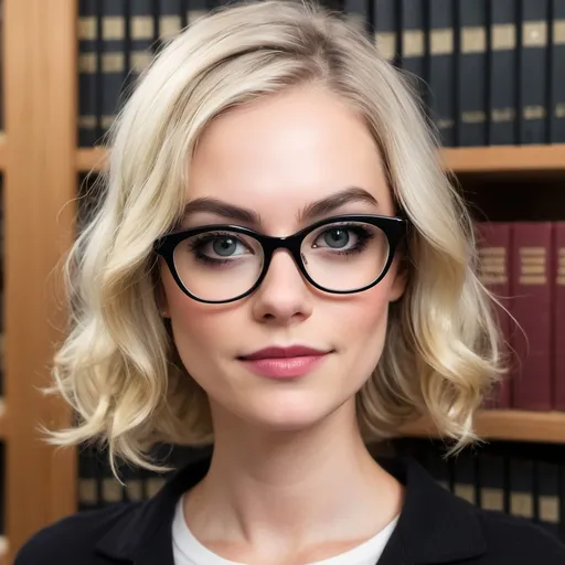 Prompt: blonde librarian with black cateye glasses