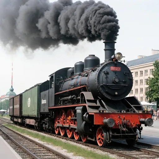 Prompt: A large German steam locomotive pulling cargo in berlin