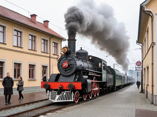 Prompt: A steam locomotive in a small polish city pulling small passenger cars