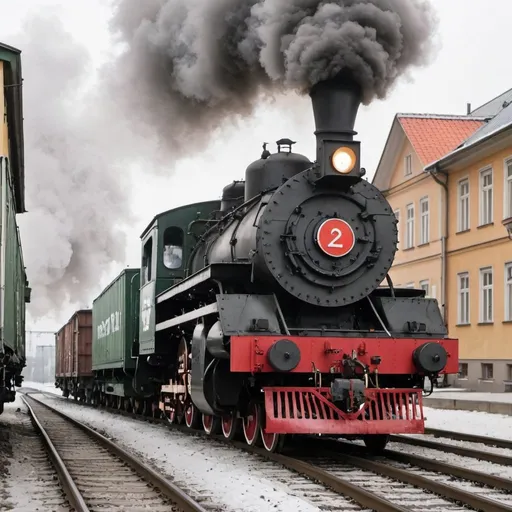 Prompt: A steam locomotive in a small polish city pulling small freight cars