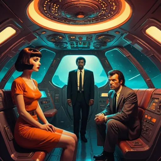 Prompt: Man and woman on a spaceship, pulp style, detailed futuristic spacecraft interior, vibrant retro colors, high quality, pulp fiction, sci-fi, spaceship interior, detailed characters, retro-futuristic, intense atmosphere, dramatic lighting