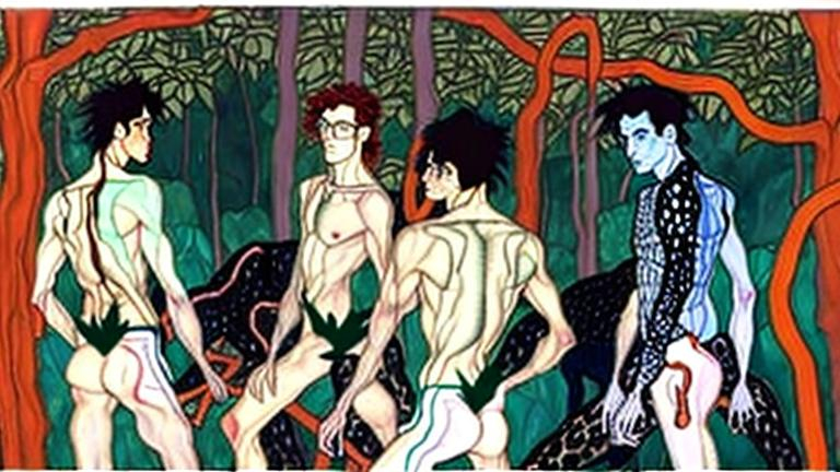 Prompt: 5 young half dressed men in a forest chasing a black leopard
Forest is misty dark, trunks as male bodies, branches as arms, leaves as eyes
Forest floor is dark malachite with red neon lines
Photorealistic, egon schiele style