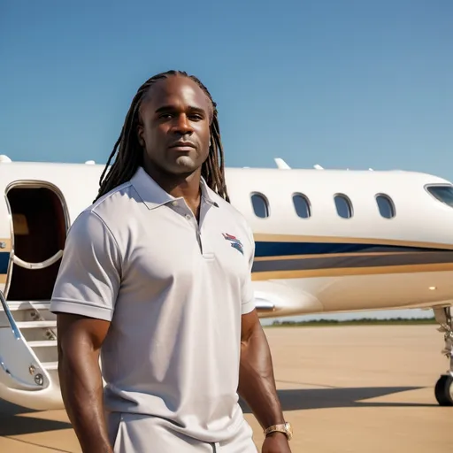 Prompt: Ricky Williams (with long locs hairstyle and gray facial hair), wearing a South Alabama polo shirt, standing confidently beside a private jet, preparing to board, warm sunlight casting a golden hue, sleek jet gleaming against a clear blue sky, luxury ambiance, ultra-detailed, photorealistic image capturing the essence of style and mobility.