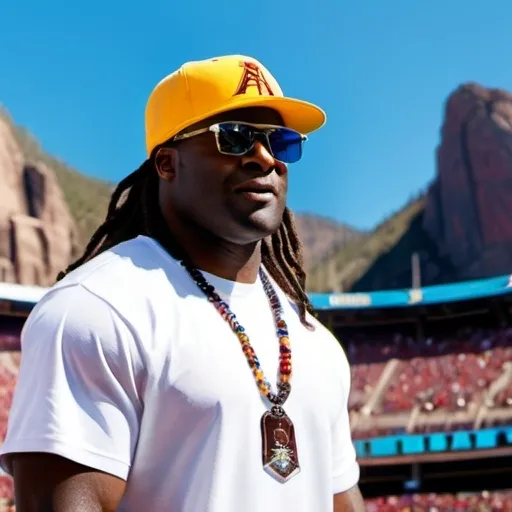 Prompt: Ricky williams with long locs hairstyle standing in the middle of mountain america stadium with sunglasses on and a arizona state hat