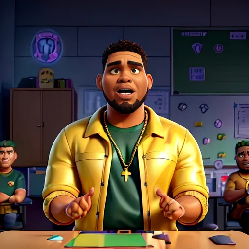 Prompt: (vibrant image of Anthony Anderson) large, commanding presence, (pointing) dramatically gesturing at a whiteboard, portraying tactical plays, (Michigan State Spartans head coach), wearing team apparel, textured (goatee), shining (gold necklace chain), bright colors emphasizing team spirit, detailed facial features showcasing determination, dynamic background of a locker room, high energy ambiance, (ultra-detailed, 4K quality).