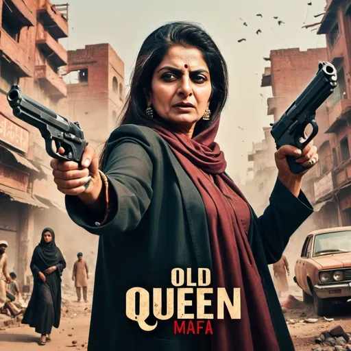 Prompt: An action movie poster, with the title "OLD QUEEN MAFIA", dynamic and (dramatic) composition, a powerful , intense facial expression, old Pakistani Women in Gangster Avatar, high-energy pose with two guns in and, background featuring an old Lahore destroy City , warm color tones with sharp contrasts, engaging typography, (4K) ultra-detailed.