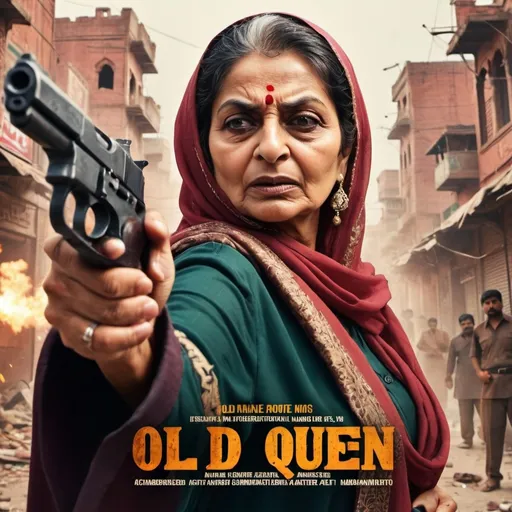 Prompt: An action movie poster, with the title "OLD QUEEN MAFIA", dynamic and (dramatic) composition, a powerful , intense facial expression, old Pakistani Women in Gangster Avatar, high-energy pose with two guns in and, background featuring an old Lahore destroy City , warm color tones with sharp contrasts, engaging typography, (4K) ultra-detailed.