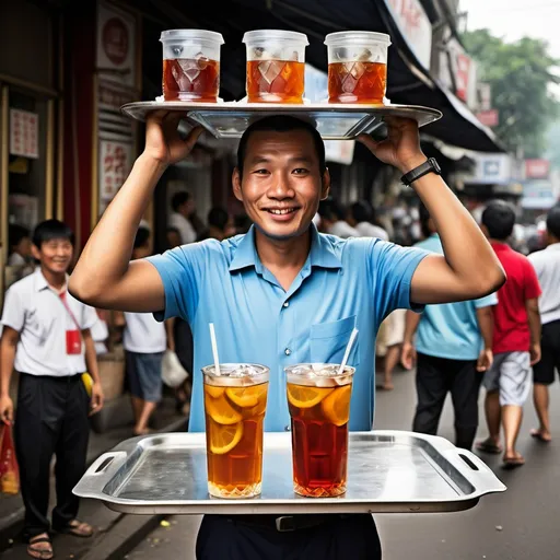 Prompt: Seorang laki-laki penjual es teh dengan satu nampan es teh diangkat di atas kepalanya. yang memiliki akhlak mulia.