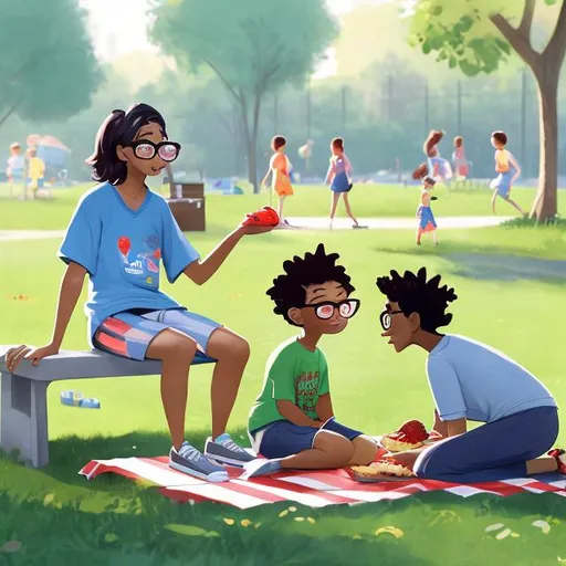Prompt: A park scene.
A boy is playing with his father and his mother is sitting on a bench, watching them. 
On a picnic blanket, a couple is sitting while enjoying sandwiches, juice and fruits. 
Then a great dane is running and playing with a teenage girl with glasses, sweatpants and an oversized t-shirt.
