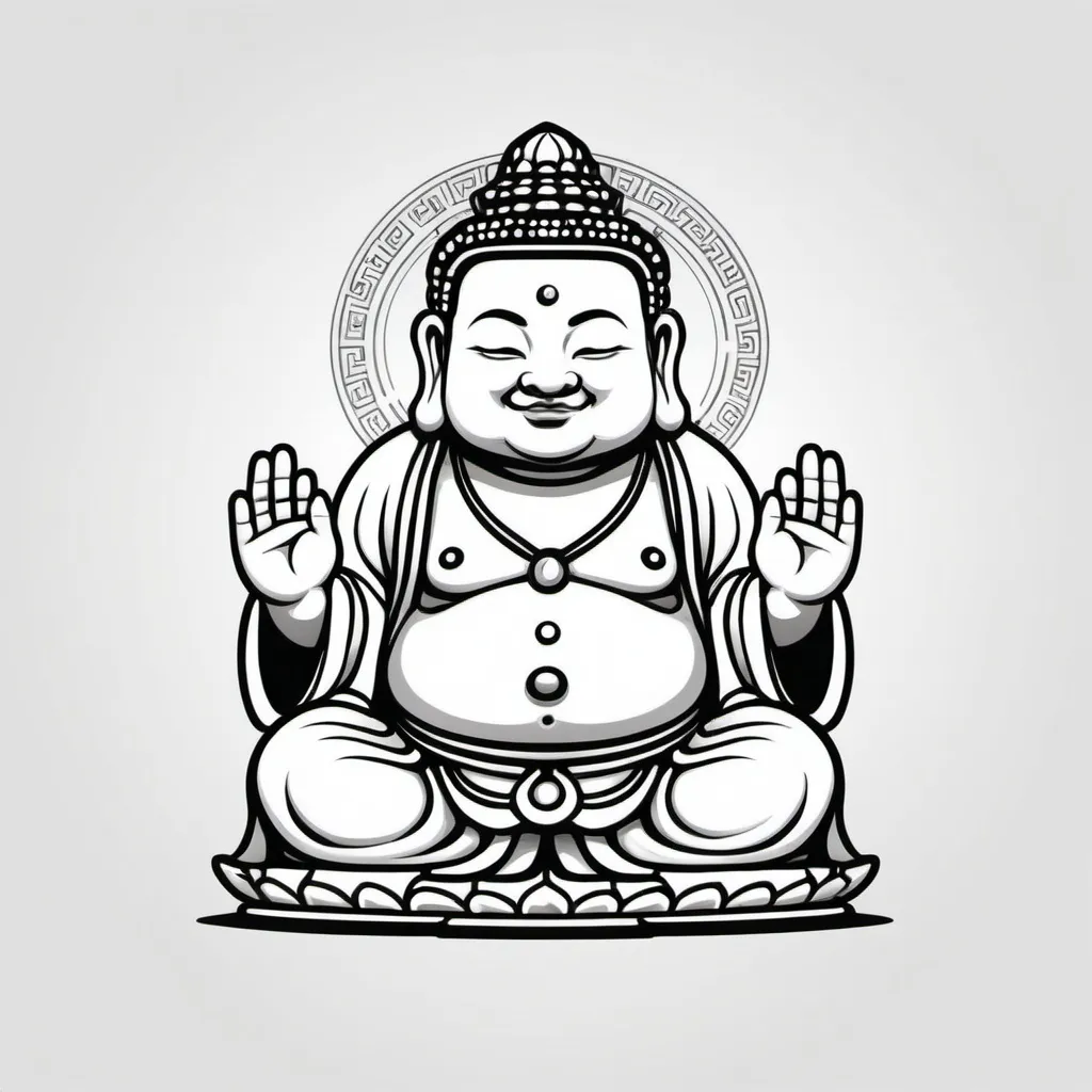 Prompt: Stylized cartoon 左手右手都拿kaoliang spirit Maitreya, vector flat logo, simple lines, cute cartoon illustration, white backdrop