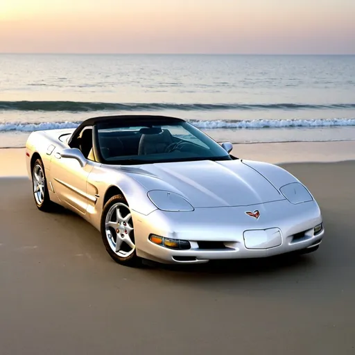 Prompt: A 1999 silver C5 Corvette convertable sitting on a beach