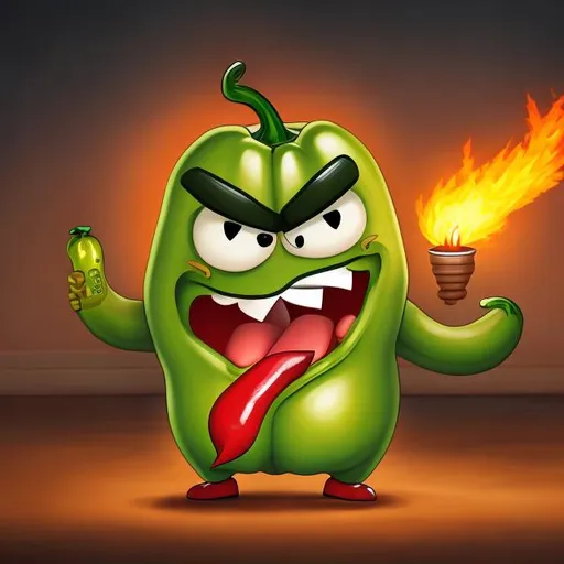 Prompt: An angry jalapeno pepper holding a lit Molotov cocktail 