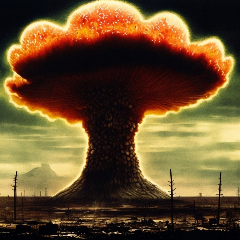 Prompt: A mushroom cloud from a nuclear explosion in an apocalyptic wasteland 