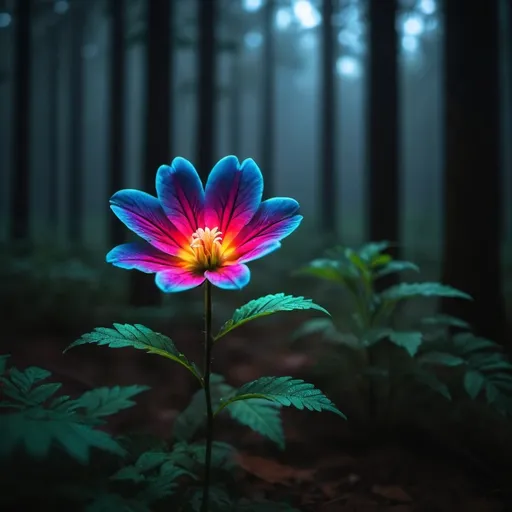 Prompt: A neon vibrant flower alone in a dark and misty forest 
