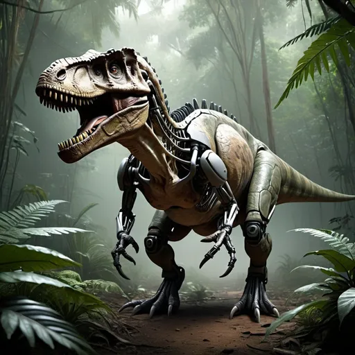 Prompt: If a dinosaur was created by skynet as a terminator outside in a jungle