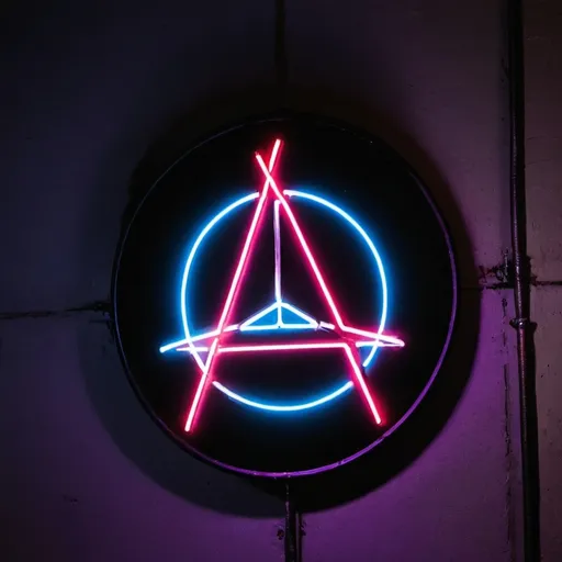 Prompt: A neon anarchy logo that has been spray painted onto a dark wall at nighttime 