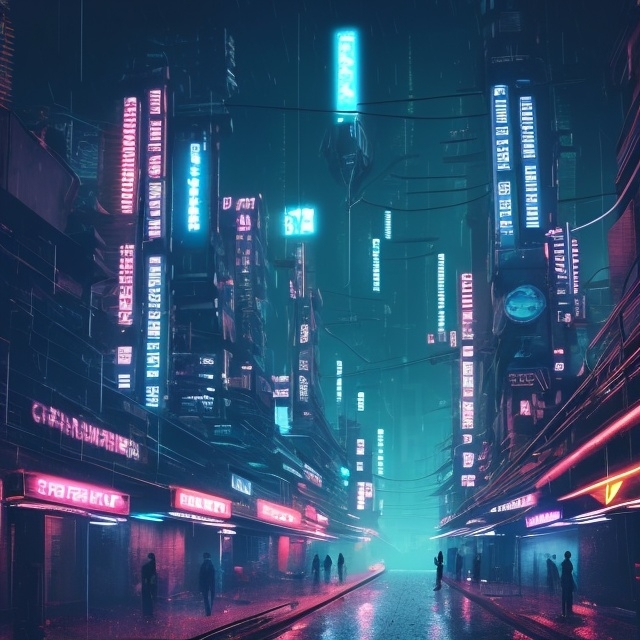 Prompt: Dystopian futuristic city, neon lights, raining heavily, English signs