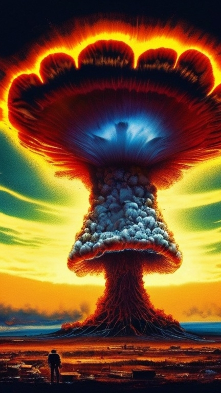 Prompt: A vibrant mushroom cloud from a nuclear explosion in an apocalyptic wasteland 