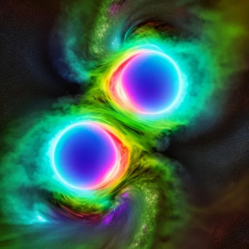 Prompt: A photorealistic picture of two black holes colliding inside a neon coloured gas cloud 