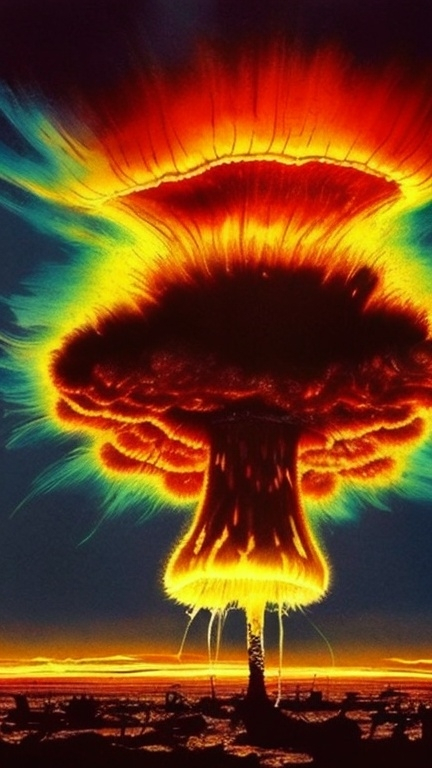 Prompt: A vibrant mushroom cloud from a nuclear explosion in an apocalyptic wasteland 