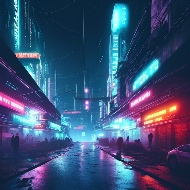 Prompt: Dystopian futuristic city, neon lights, raining heavily, English signs