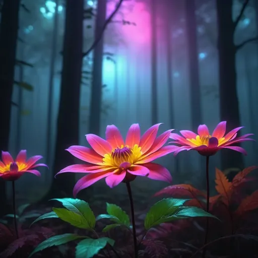 Prompt: A neon vibrant flower alone in a dark and misty forest 