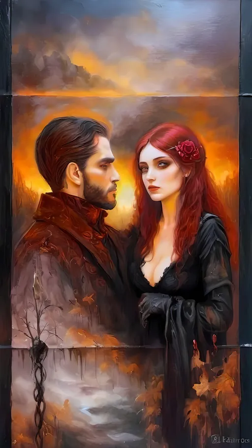 Prompt: Beautiful gothic oil painting of a couple in embrace, romantic and mysterious, detailed facial features, flowing dark hair, elegant gothic attire, dark love, moody and atmospheric, oil painting, detailed eyes, rich colors, intense emotions, mysterious, gothic style, romantic embrace, professional, atmospheric lighting