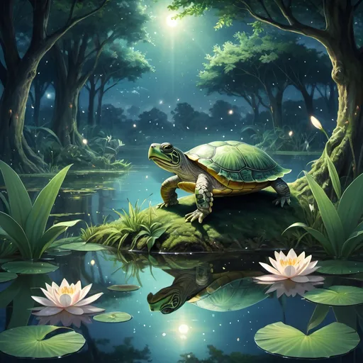 Prompt: Anime illustration of a serene pond, lush greenery, enchanting lilies, gentle frog resting on a leaf, mystical swamp atmosphere, sparkling water reflecting moonlight, fireflies dancing in the night, wise turtle peeking from underneath the water, majestic tree with intricate details, peaceful and captivating, highres, anime, mystical, serene pond, enchanting lilies, gentle frog, sparkling water, fireflies, wise turtle, detailed tree, mystical atmosphere