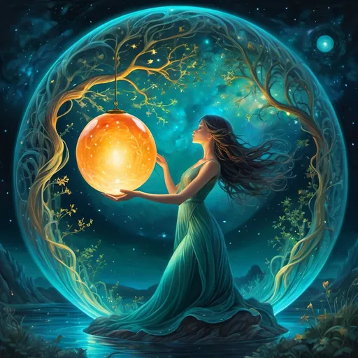 Prompt: Neo-traditional, illustration, will o' Wisps, Hollow globe, mystical lighting, galaxy in glowing orb, translucent surface, mesmerizing moonlight, night scene, starry sky reflections, ethereal ambiance, swirling aquatic elements, detailed textures, tranquil serenity, deep blues and greens, enchanting, immersive, fantastical, ultra-detailed, 4K, dreamy atmosphere, dancing lights, round portrait, teal, orange, yellow