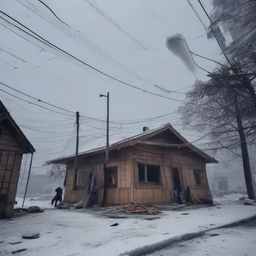 Prompt: a wooden building , in winter and ice environment, a man outside cutting wood , smoke leaks from the roof of building, the roof is V shaped , cold dogs in everywhere, sad environment ,  