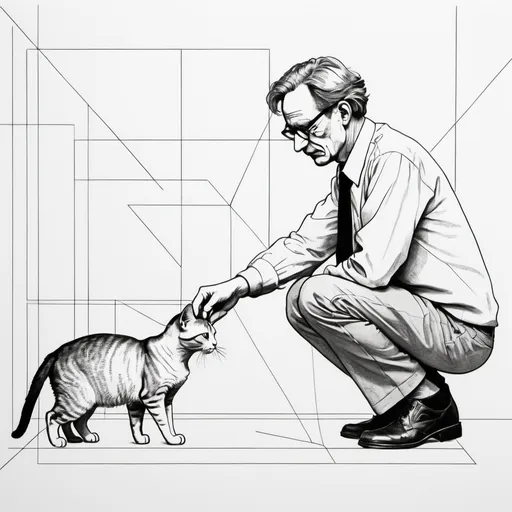 Prompt: black and white, (line drawing), Erwin Schrödinger gently petting a cat, illustrating the iconic physicist's thoughtful expression, minimalistic outline captures the essence of the moment, soft curves and defined strokes, playful yet serene atmosphere, emphasizing the bond between science and companionship, elegant simplicity combined with depth, striking contrast, captivating composition.