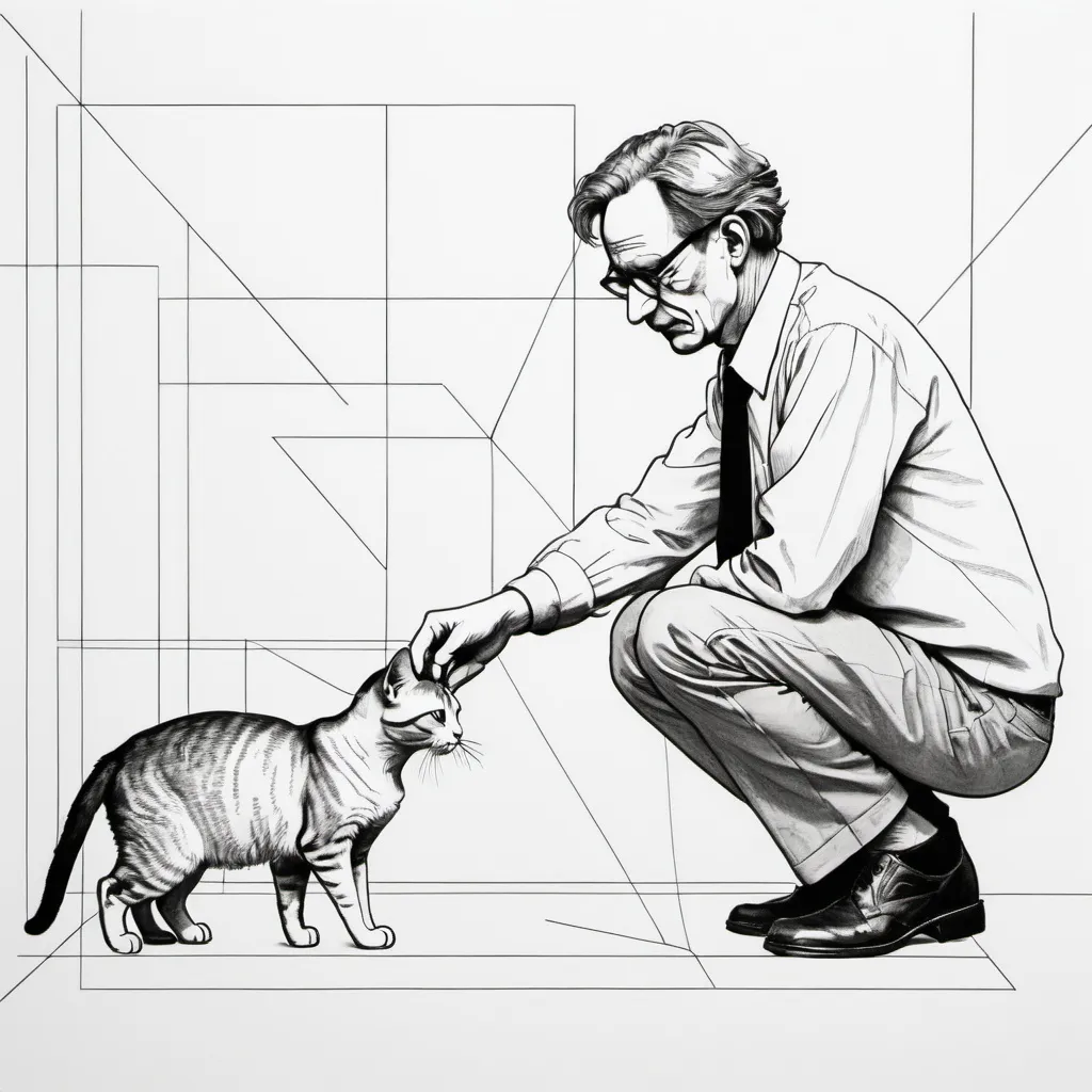 Prompt: black and white, (line drawing), Erwin Schrödinger gently petting a cat, illustrating the iconic physicist's thoughtful expression, minimalistic outline captures the essence of the moment, soft curves and defined strokes, playful yet serene atmosphere, emphasizing the bond between science and companionship, elegant simplicity combined with depth, striking contrast, captivating composition.