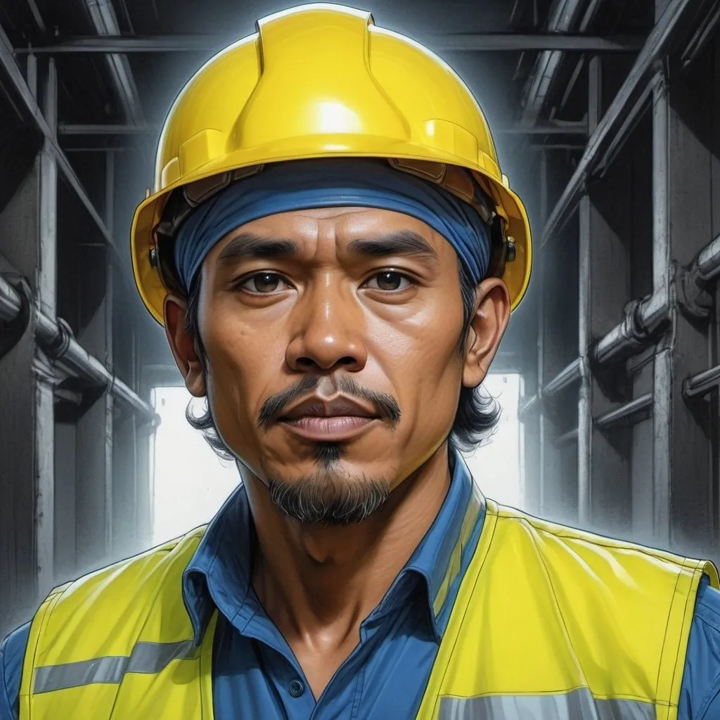 Prompt: Indonesian Male industrial, wearing yellow safety helmet, blue shirt, hi visibility vest like male, color character portrait, art by Enki Bilal, art by Glen Keane, art by Larry Elmore, amazing detail, intricate, stunning inking lines, 4K, smooth, sharp focus, trending on artforum, artstation hq, behance hd.No Background