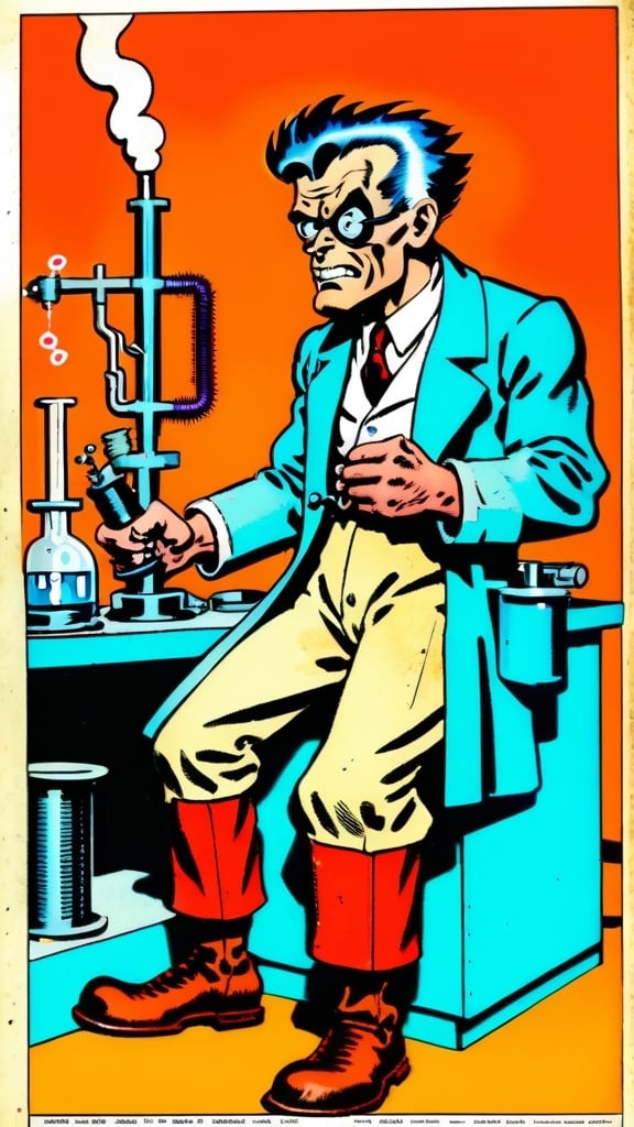 Prompt: A mad scientist in a lab, in the style of Jack Kirby and Wally Wood, 1940s vintage comic, faded colors