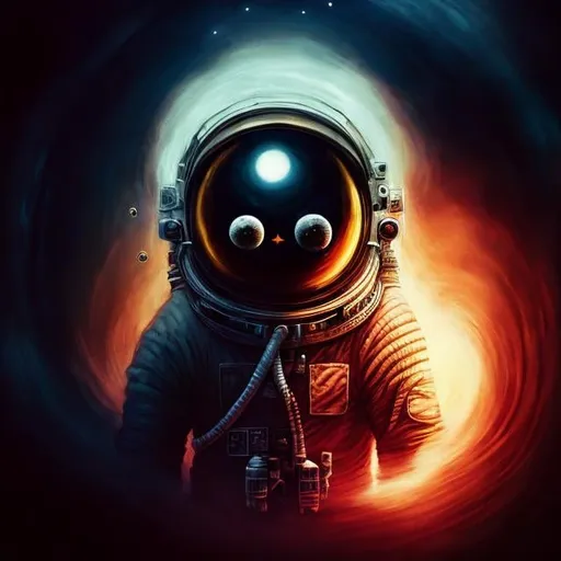 Prompt: Astronaut facing a black hole, emerging creature, space exploration, cosmic horror, detailed astronaut suit, deep space, high quality, cosmic horror, intense gaze, surreal, eerie lighting