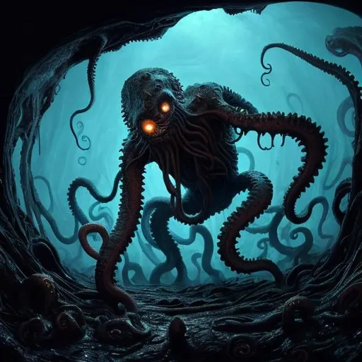 Prompt: Loftcraftian creature emerging from planet, surreal digital artwork, cosmic horror, tentacled monstrosity, eldritch entity, otherworldly surface textures, surreal lighting, high quality, detailed tentacles, haunting atmosphere, unearthly colors, cosmic landscape, menacing presence, dark and eerie tones, eerie glow, digital art, cosmic horror, unearthly textures, ominous atmosphere, surreal lighting