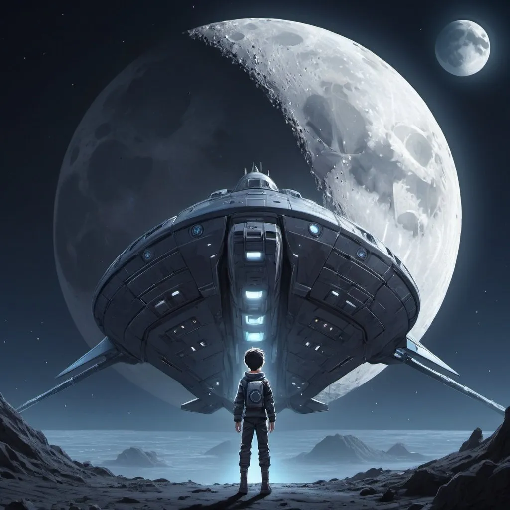 Prompt: Anime illustration of a boy, moon crater exploration, futuristic ship boarding, detailed character design, moonlit scene, high quality, anime, futuristic, moonlit, detailed character, spaceship boarding, crater exploration, cool tones, atmospheric lighting