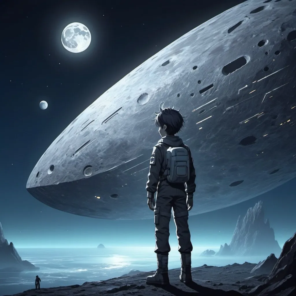 Prompt: Anime illustration of a boy, moon crater exploration, futuristic ship boarding, detailed character design, moonlit scene, high quality, anime, futuristic, moonlit, detailed character, spaceship boarding, crater exploration, cool tones, atmospheric lighting