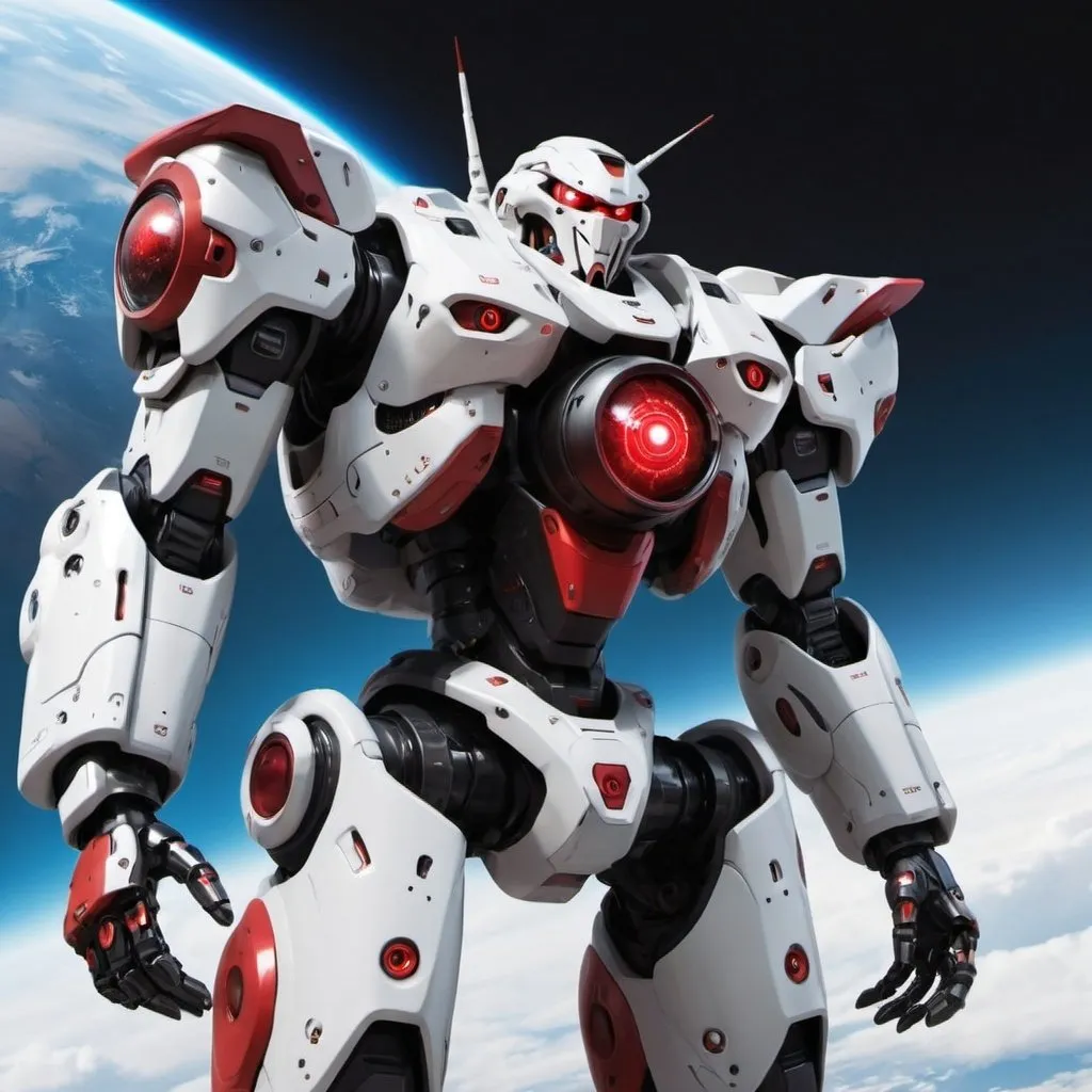 Prompt: Mecha with one red eye  and is 900 meters goes to space futuristic in year 2987