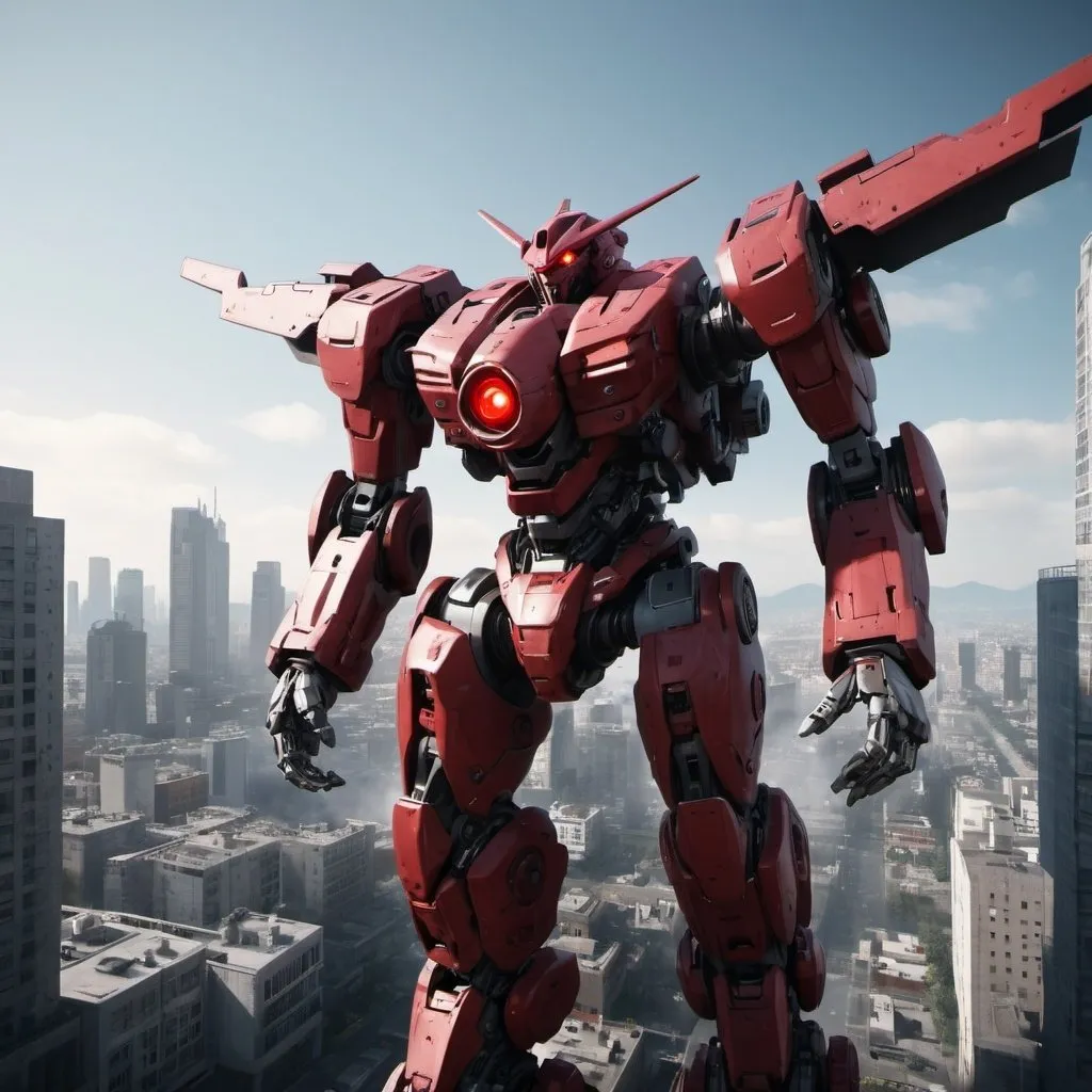 Prompt: Mecha with one red eye, flying over a city, full-body, cinematic render