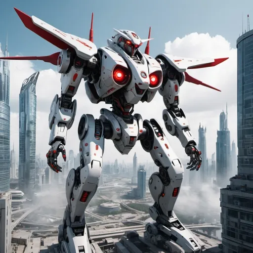 Prompt: Mecha with one red eye  and is 900 meters  flying over a futuristic technology city in 2987