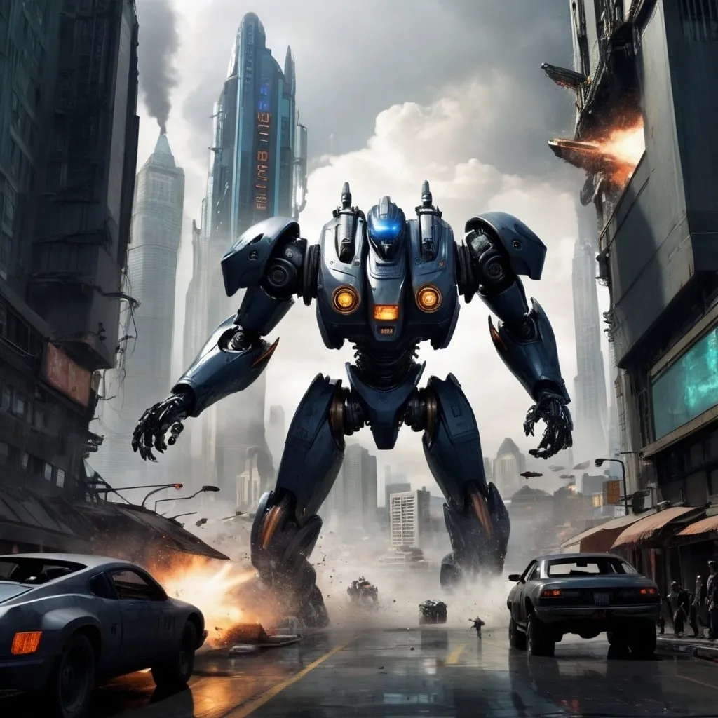 Prompt: Pacific rim robots attack futuristic city in 2987