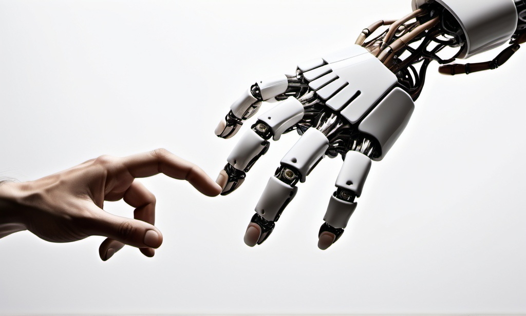 Prompt: (human hand reaching out to robot hand), (inspired by Michelangelo's Sistine Chapel), white background, make index fingers nearly touch. Robot hand should look very robot-y. Make the hands the same size