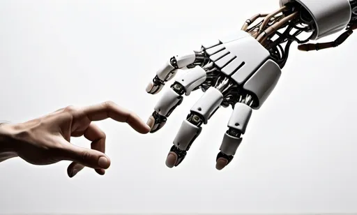 Prompt: (human hand reaching out to robot hand), (inspired by Michelangelo's Sistine Chapel), white background, make index fingers nearly touch. Robot hand should look very robot-y. Make the hands the same size