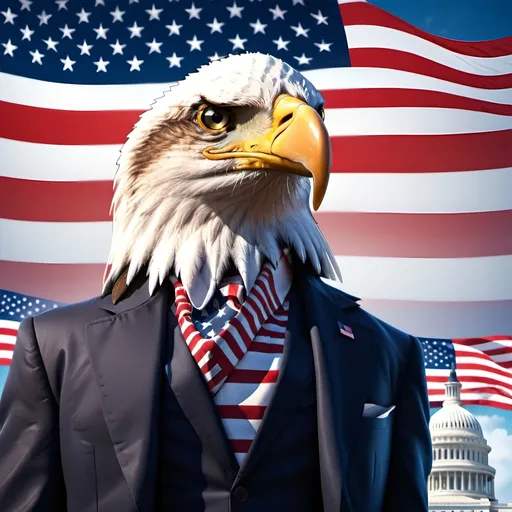 Prompt: 2024 Presidential Ad for $member, digital illustration, patriotic color scheme, detailed campaign logo, confident and presidential pose, high quality, professional, realistic, detailed background, American flag, eagle in the background, iconic landmarks, uplifting atmosphere, polished and refined, bold and impactful typography, dynamic lighting, ultra-detailed, presidential, campaign logo, American flag, confident pose, patriotic color scheme, digital illustration, realistic, uplifting atmosphere, detailed background, eagle, iconic landmarks, impactful typography, dynamic lighting, high quality, professional, polished