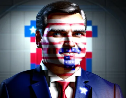 Prompt: 2024 Presidential Ad for '[$member]', realistic 3D rendering, American flag in the background, confident and charismatic expression, professional attire, patriotic color scheme, high resolution, detailed facial features, political campaign, impactful lighting, inspiring atmosphere, presidential candidate, realistic 3D, American flag, confident expression, patriotic, campaign ad, high resolution, detailed features, professional attire, inspirational lighting