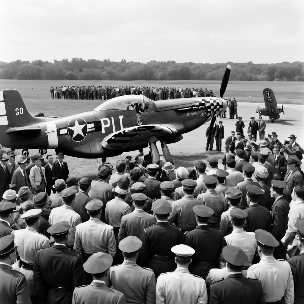 Prompt: 40s photo of police sectioning off a p51 mustang, a crowd stands around the perimeter pointing at the plane.