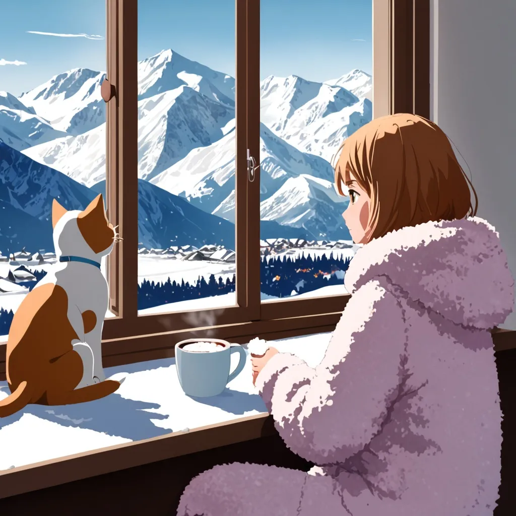 Prompt: Girl, wearing fuzzy clothes, with a cup of hot chocolate,sitting by the window, looking over snow capped mountains, with cat and dog by her 