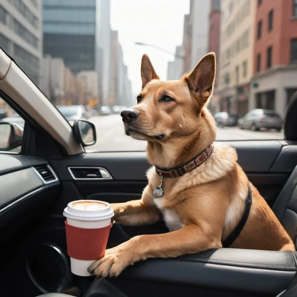 Prompt: a dog drinking coffee having a ride in a car in a large city