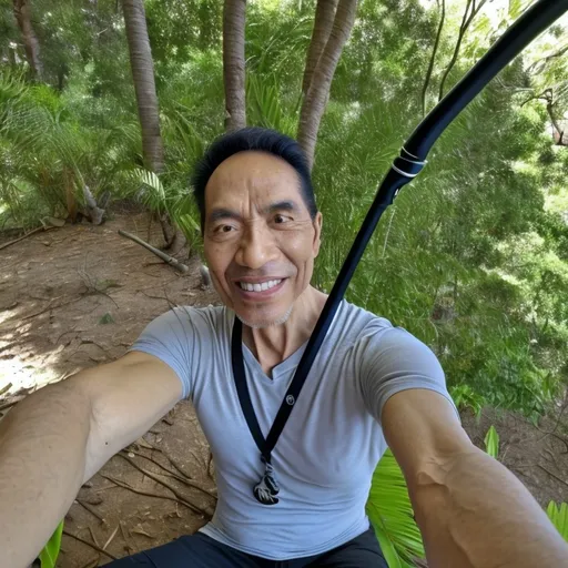 Prompt: an oran utang is sitting on a branch and takes a picture from himself with a selfie-stick
